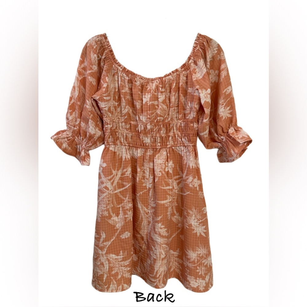 H&M Peach/Coral Peasant Mini Dress Boho Puff Sleeve Smocked Waist Size XS - Picture 5 of 8